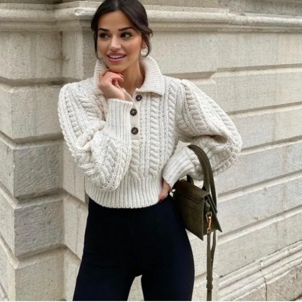 Zara Chunk Knitted Cream Crop Sweater S - Image 5