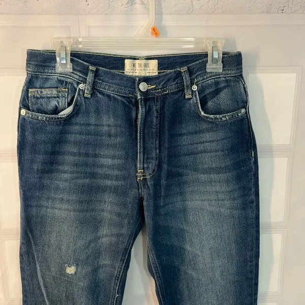 Free People Blue Maggie Whiskered Faded Cotton Cropped Raw Hem Jeans Size 26 - Image 3