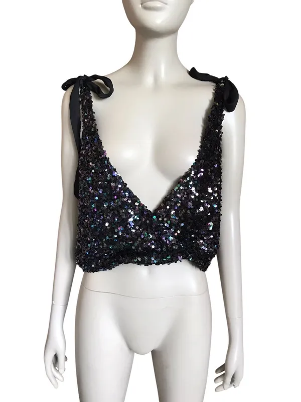 Free People Black Sequin Crop Top - Image 2