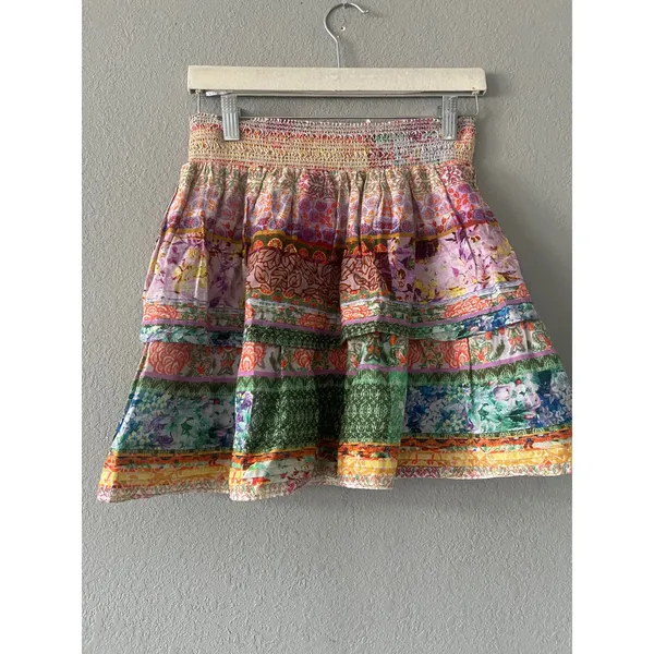 Alice and Olivia Multi Color Tiered Floral Patchwork Mini Skirt Smocked Waist - Image 8
