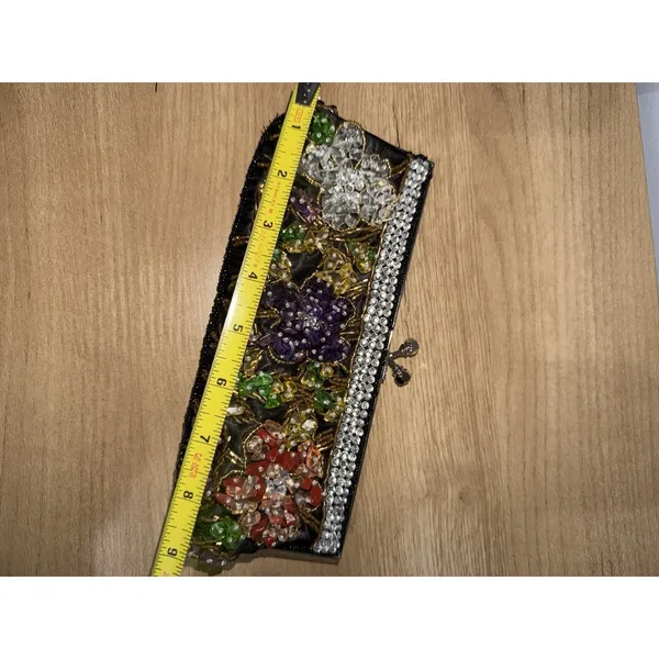Small Satin Clutch Stitched And Beaded NWOT Floral Double Strap Handle T - Image 5