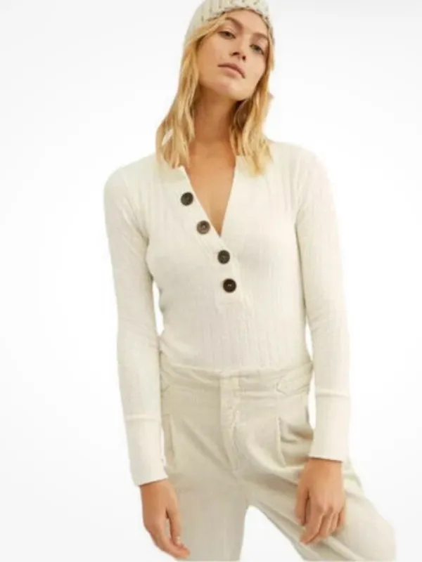 We The Free by free people Cream Ribbed Button-Front Long Sleeve Top - Image 2