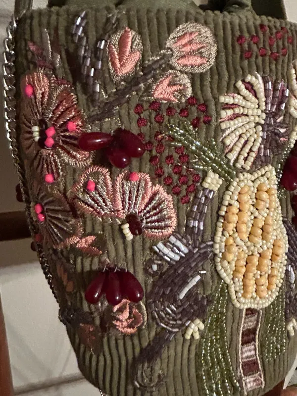 From India to You Beaded Botanical Corduroy Bucket Bag - Image 3