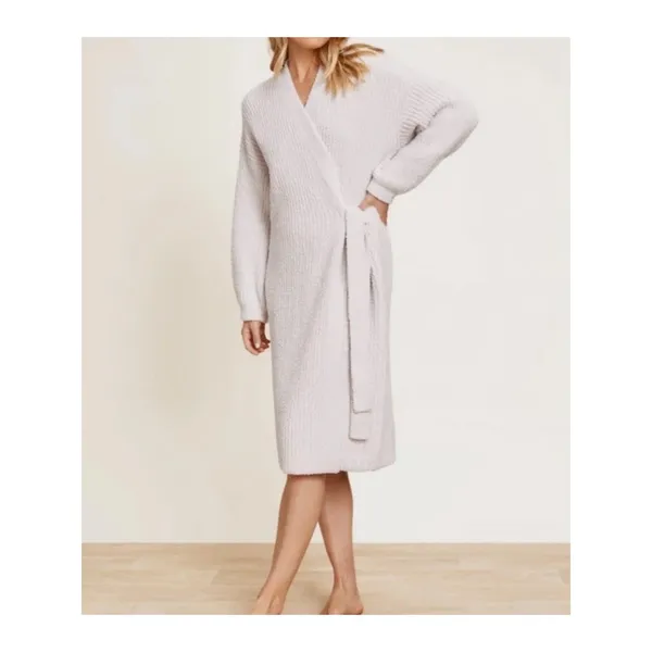 Barefoot Dreams CozyChic Knit Side Tie Ribbed Robe Almond Off White Size XL - Image 9