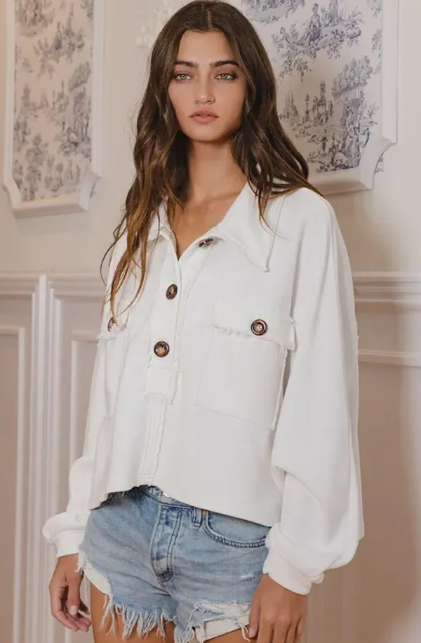 Boutique Premium French Terry Button Up Cropped Top - Image 5