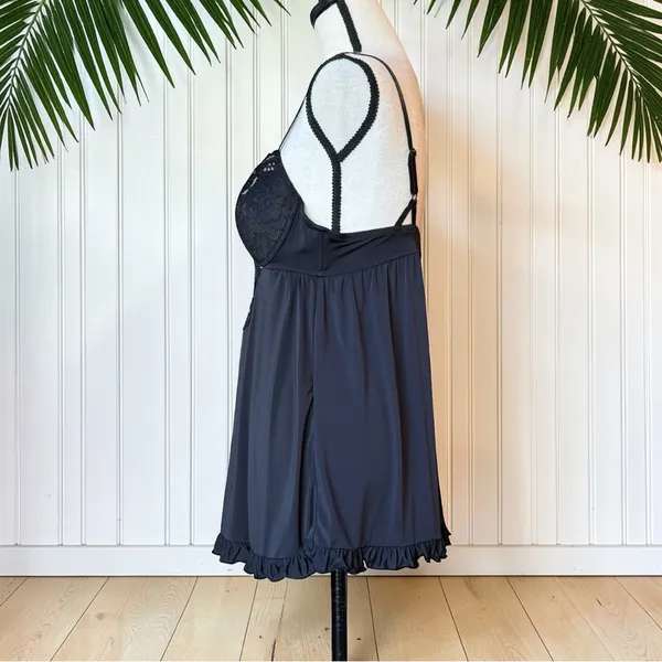 Black Lace Babydoll Lingerie Chemise Ruffle Hem Romantic Sheer Nightie Size M - Image 4