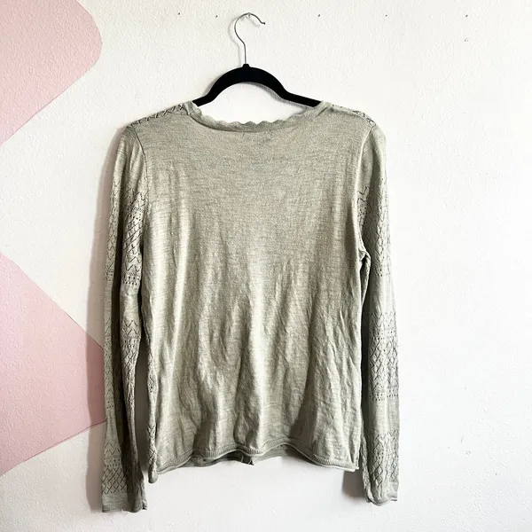 Frye Green Knit Pointelle Cardigan‎ Open Front Soft Classic Minimalist Medium - Image 2
