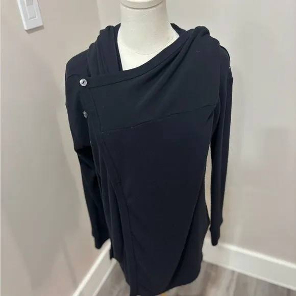 Free People Womens Asymmetrical Button Front Hooded Fleece‎ Top Black XS - Image 2
