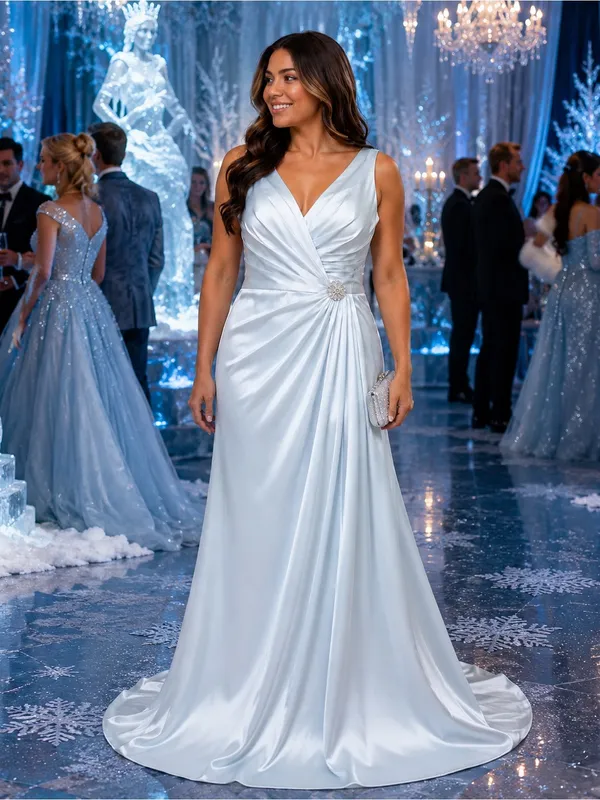 #225 Pale blue satin gown V-Neck Pleated Side Slit A-line Dress-XL/Size 14/16 - Image 2