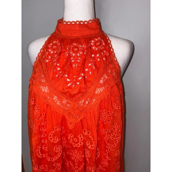 Anthropologie Orange Eyelet Lace Halter Maxi Dress‎ boho Open Back NWT Size L - Image 4