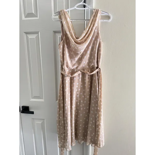 R&K‎ Womens Size 10 Polka Dot Midi Dress Cowl Neck Sleeveless Belted Tan - Image 3