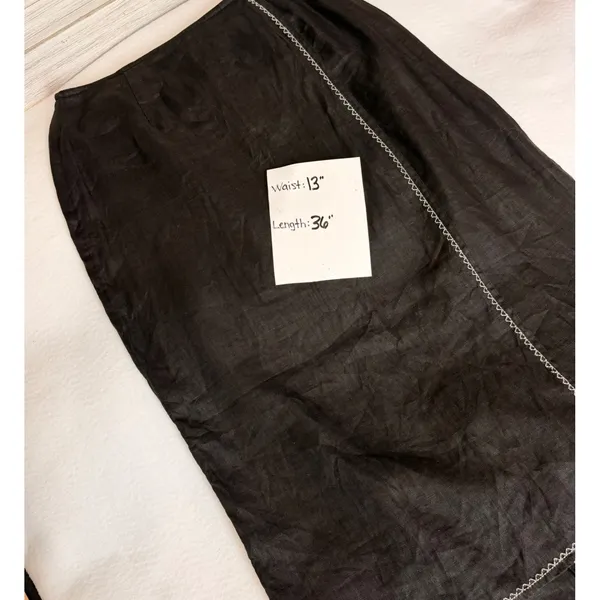 J. Jill Black 100% Linen Faux Wrap Maxi Skirt White Contrast Stitching Size 4 - Image 5