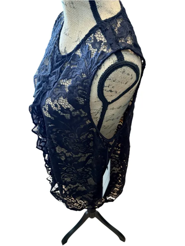 WHO WHAT WEAR Lace Ruffle Sleeveless Blouse Women's Size L Black NWT - Image 2