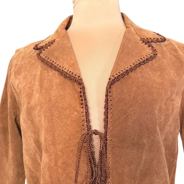 Vintage Brown Suede Tie Front Jacket Boho Western Patchwork Y2K Festival Hippie - Image 2
