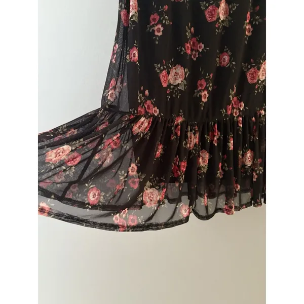 Thyme & Honey Midi Skirt Size S Black Floral Mesh Ruffle Whimsigoth Dark Romance - Image 2