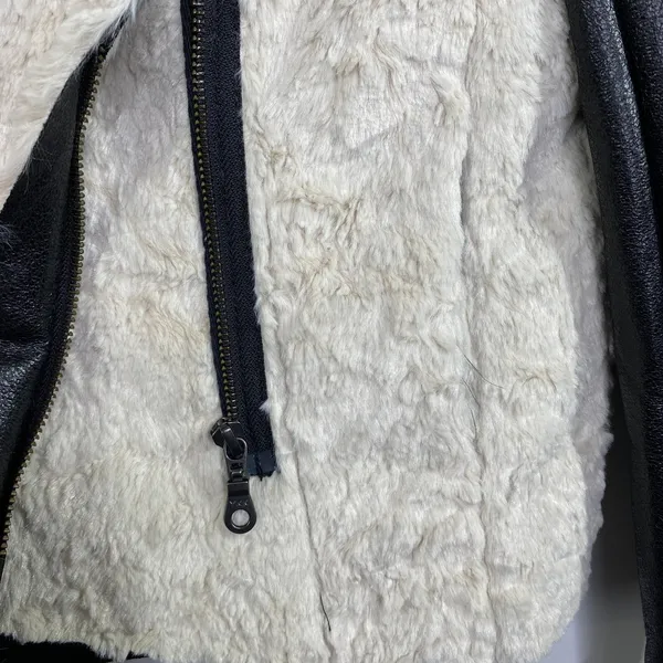 FC Jeans Women Faux Fur Lined Moto‎ Jacket Black Cream Sz 6 Sherpa Vegan Leather - Image 7