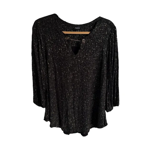 Torrid Womens Blouse Sz 2 2X 18 20 Black Gold Crepe Chain Detail 3/4‎ Sleeve - Image 8