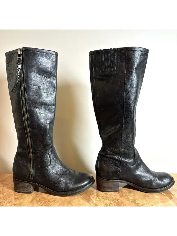 Lucky Brand Black Leather Knee High Boots Braided Zip Pull Block Heel Women's 6 - Image 4