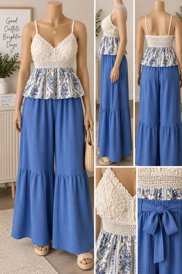 & Other Stories Crochet Lace Bodice Dress with Blue Floral Skirt - Blue and White - Image 2