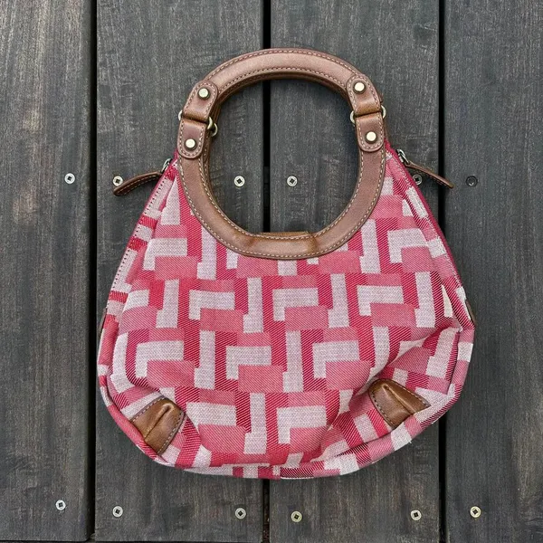 Y2K Red w/ Tan Leather Accents Cotton Canvas Nine West Mini Bag Purse - Image 3