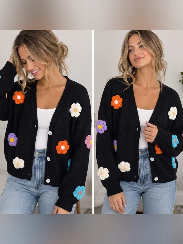 Crochet Flowers Cardigan Black Size 2X - Image 6