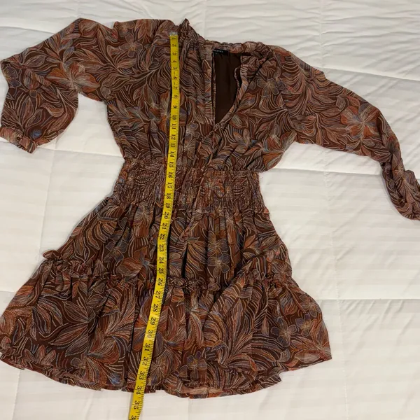 Olivaceous Brown, Blue and Tan Dress with Elastic Waist and Tiered Small - Image 10