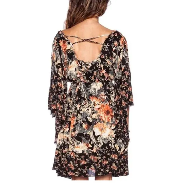 Free People Mini Dress Sz XS Heart Of Gold Dark Floral Boho Bell Sleeve Fairy - Image 4