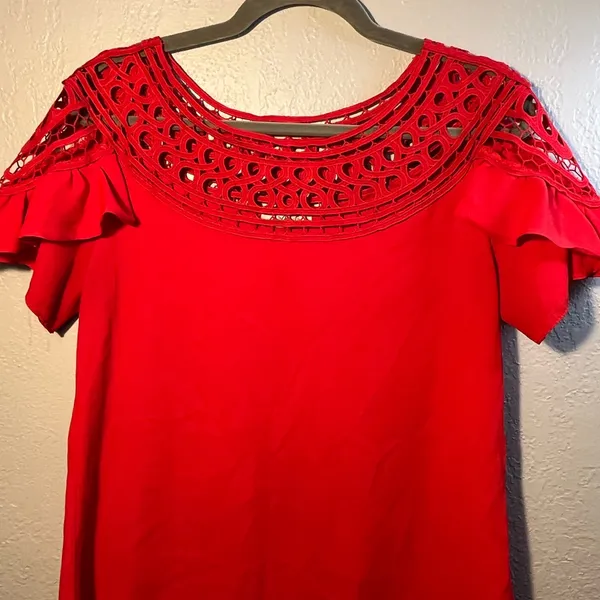 Red Ruffled Flutter Sleeve Blouse size Medium Red 2000s Y2K - Image 3