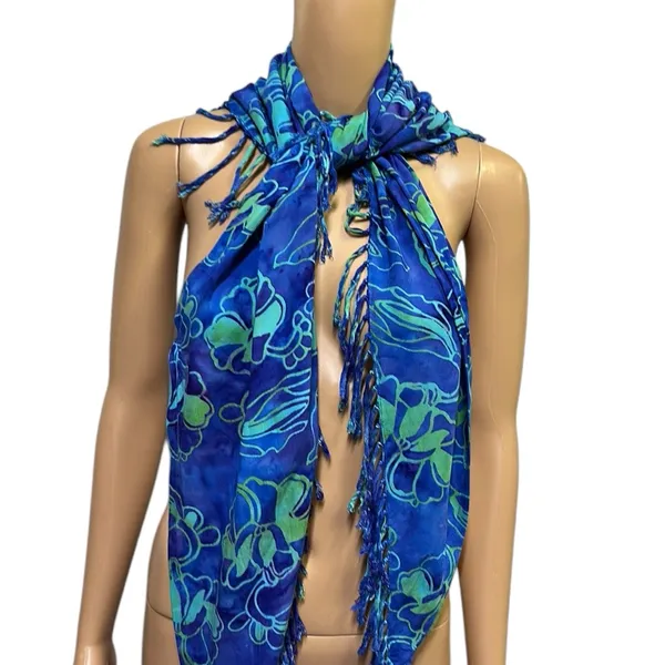 Bali Batiks Resort Wear Handpainted Rayon Fringed Triangular Sarong Scarf Wrap - Image 6