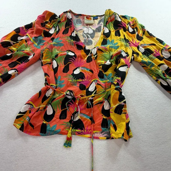 Farm Rio for Anthropologie Toucan Print Wrap Top Orange Yellow Beaded Tassel XS - Image 5