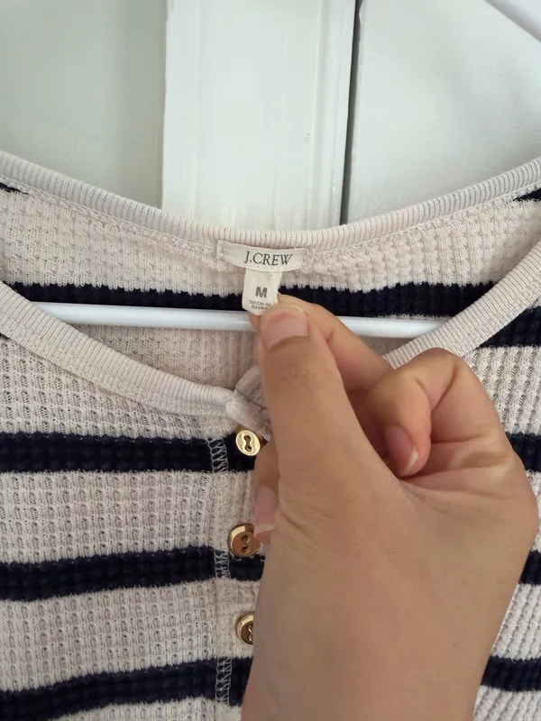 J. Crew Womens Waffle Thermal Henley Top Shirt Striped Blue Ivory Gold Button M - Image 6