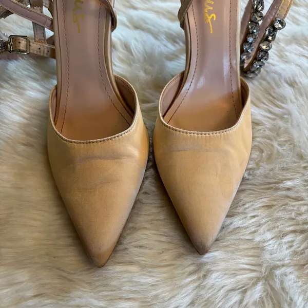 Lulu's Embellished Ankle Strap Champagne Satin Pointed Toe Heels - Image 2