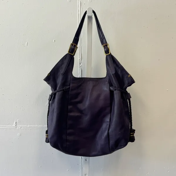 Elliott Lucca Sintra Purple Leather Hobo‎ Bag Braided Tassel Large Tote Purple - Image 2