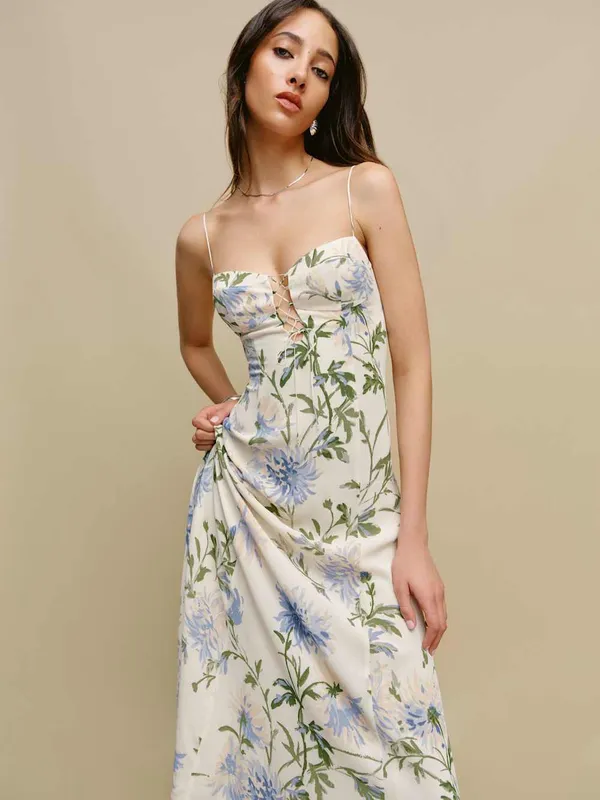 Reformation Emely Dress Midi Length Serenity Ivory Lilac Floral Lace Up French 8 - Image 2