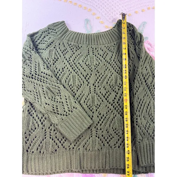 Shein Olive Green Pointelle Knit Off‎ Shoulder Sweater Boho Diamond Weave 3XL - Image 3