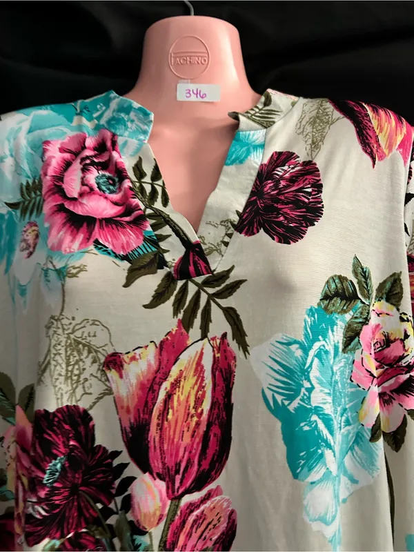 Floral V-Neck Short Sleeve Women's Top in Cream Pink & Teal LG - Image 6