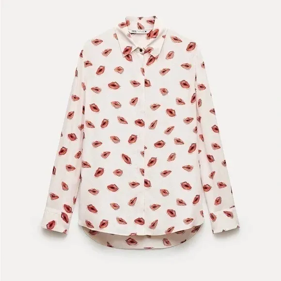 ZARA ZW Collection White Pink Lips Print Buttondown Top Blouse Lipstick X-Large - Image 10