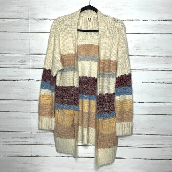 BiBi Fuzzy Eyelash Knit Stripe Cardigan Sweater Cream Open Front Size Large - Image 10