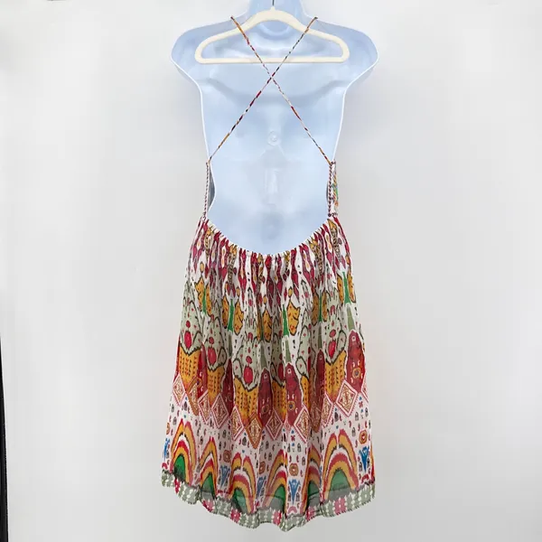 Zara Embroidered Sequin Mini Dress M Boho Ikat Open Back Sundress Repair PROJECT - Image 4
