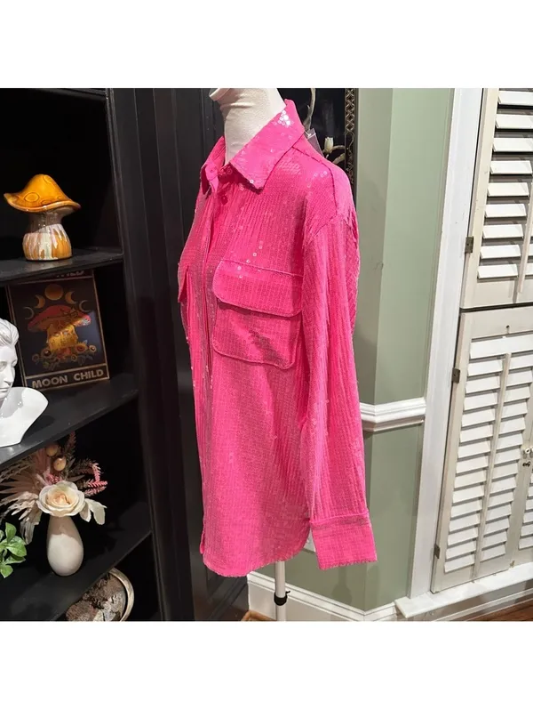 Rachel Zoe Hot Pink Sequin Button-Down Top (Size S, NWT) - Image 8