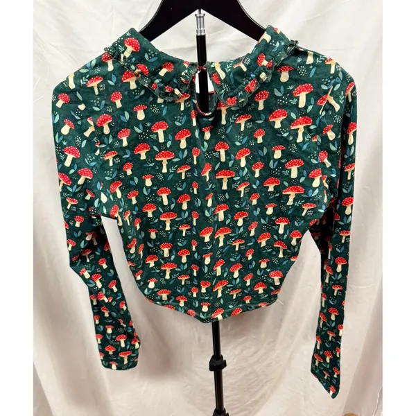 Standard Issue Mushroom Print Ruffle Collar Long Sleeve Top Green Red Small - Image 4