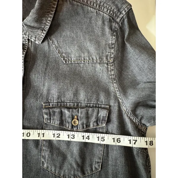 Timing Chambray Cotton Shirt Dress M Pockets Dark Grey Roll Tab Sleeve Summer - Image 10
