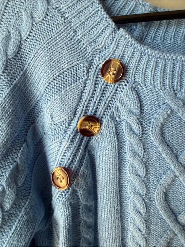 Cable Knit Sweater Blue Women’s Medium Button Shoulder Cozy Knit - Image 5
