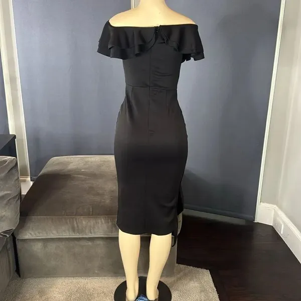 Women’s Black Off-Shoulder BodyCon Midi Dress with Ruffles Size S NWOT - Image 5