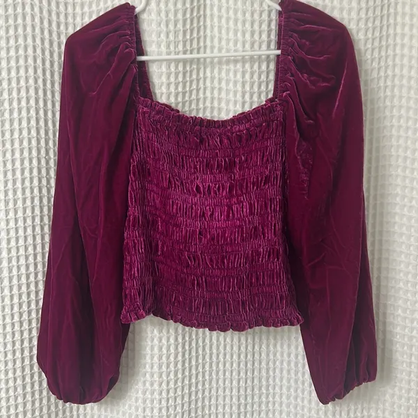 Anthropologie Smocked Velvet Puff Sleeve Pink Magenta Square Neck Blouse Small - Image 3