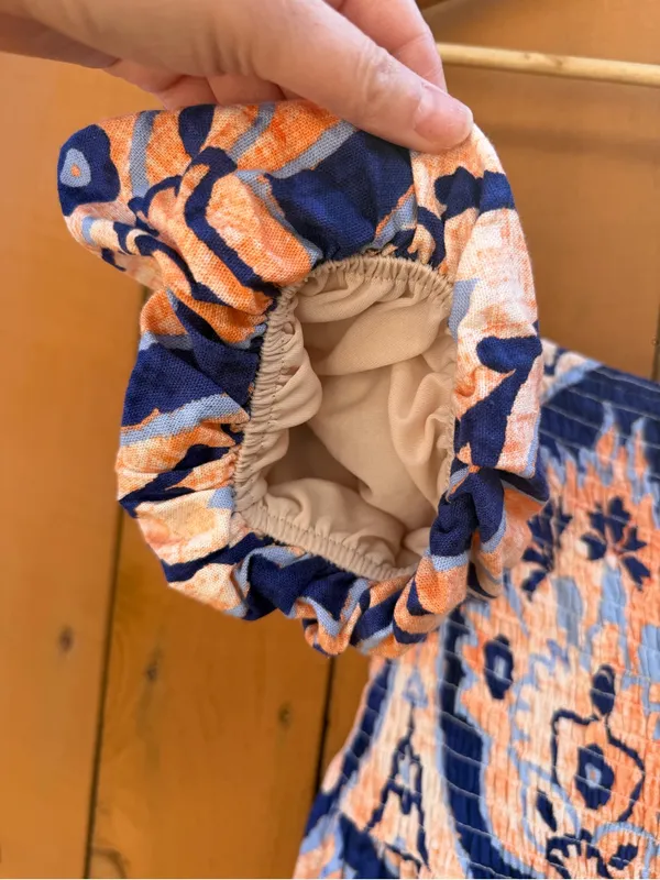 Moon River Navy and Peach Floral Puff-Sleeve Midi Dress - Image 6