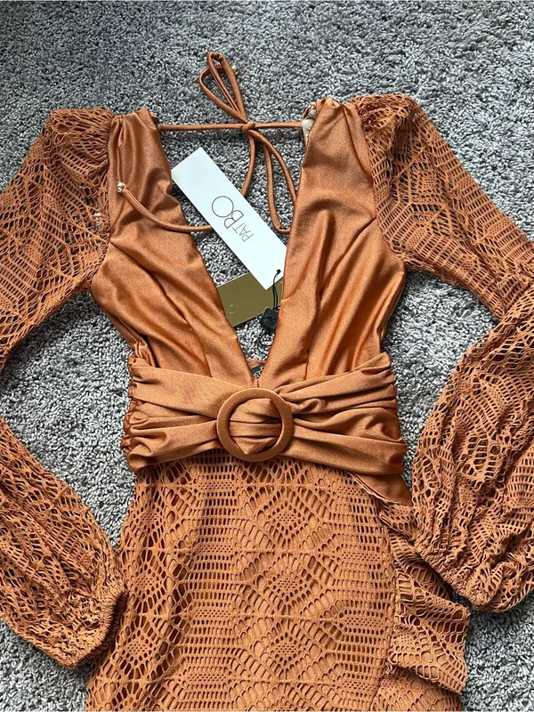 PatBO Rust Crochet Long-Sleeve Mini Dress with Belt - Image 4