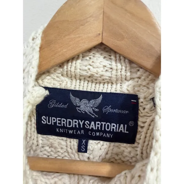 Superdry Sartorial Womens Cream Cable Knit Studded Mock Neck Cropped Sweater XS - Image 4