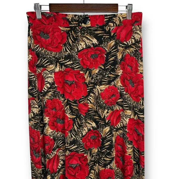 Vintage Y2K Maxi Skirt L Red Floral Tiger Animal‎ Print Slinky Stretch Pull On - Image 2