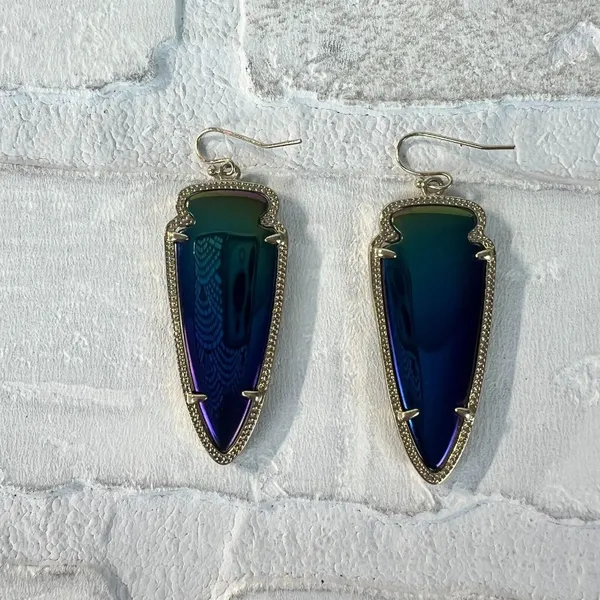 Kendra Scott Skylar Earrings Gold Arrowhead Blue Iridescent Reversible Black‎ - Image 5